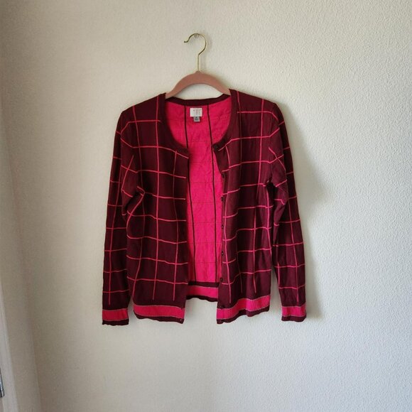 A NEW DAY Y2k vintage Burgundy Pink Checkered Cardigan Sz M 100% cotton preppy - Picture 3 of 8